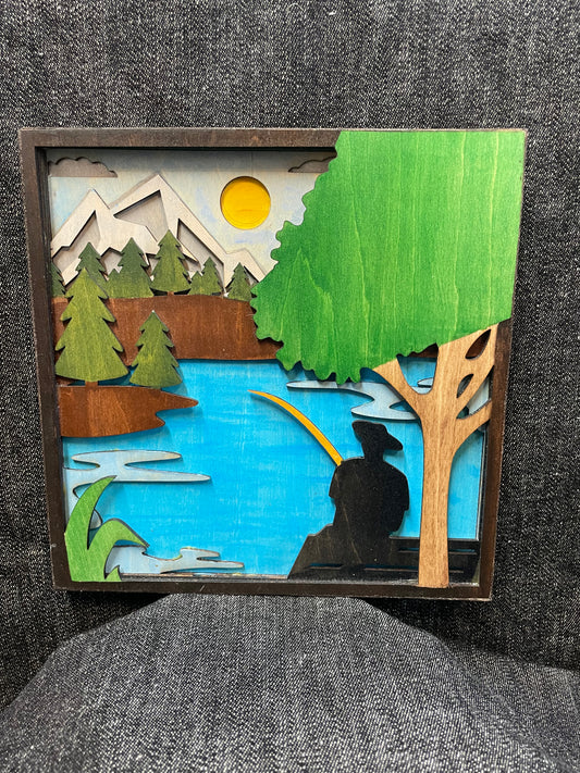 Wood Crafted Mountain Fishing Decor